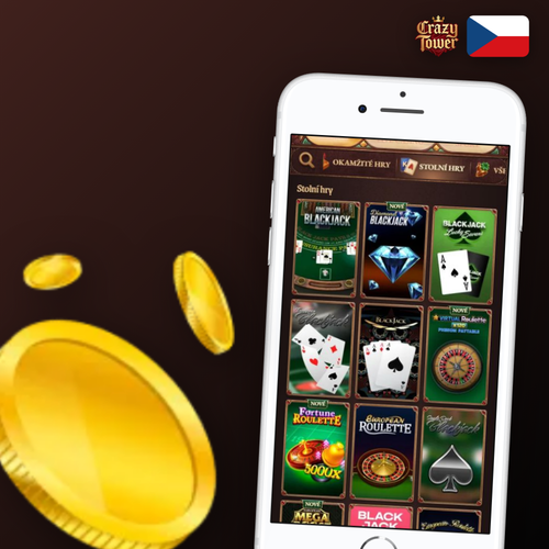Crazytower Casino aplikace na mobilním telefonu s herní knihovnou na úvodní obrazovce