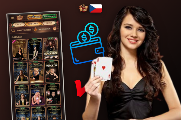 Crazytower Casino Android app s lobby slotů a živých stolů otevřená na smartphonu