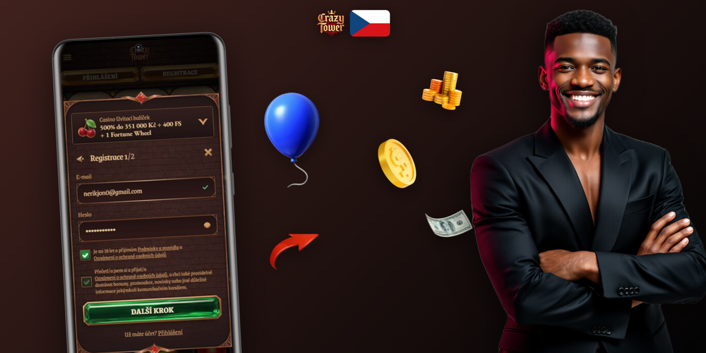 Přehledný dashboard Crazytower Casino s uvítacím bonusem a zůstatkem v CZK