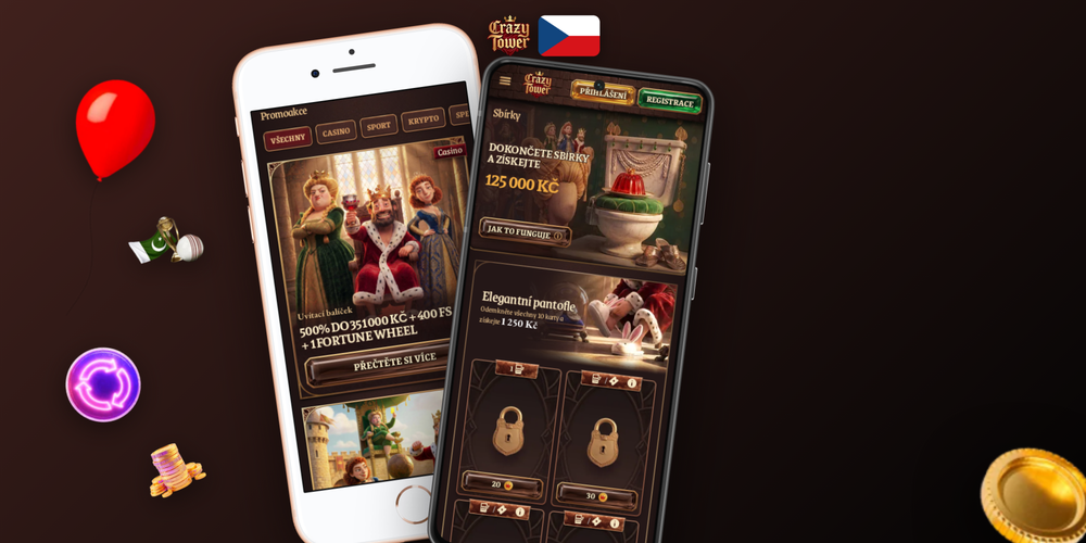 Promo banner Crazytower Casino s bonusem 100 % až 75 000 CZK a herními symboly