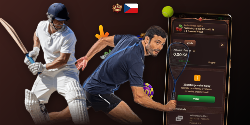 Infografika limitů výběru v Crazytower Casino: minimum 500 CZK, maximum 250 000 CZK na transakci